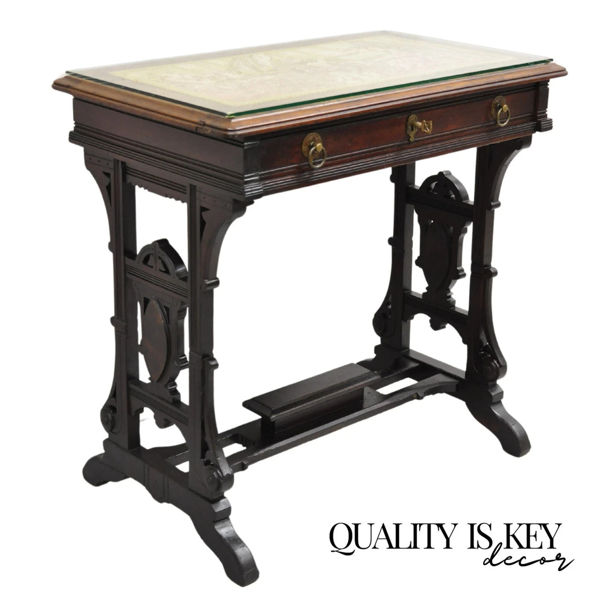Antique Eastlake Victorian Carved Walnut Small Sewing Stand Tapestry Side Table