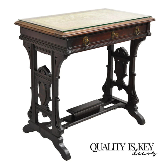 Antique Eastlake Victorian Carved Walnut Small Sewing Stand Tapestry Side Table