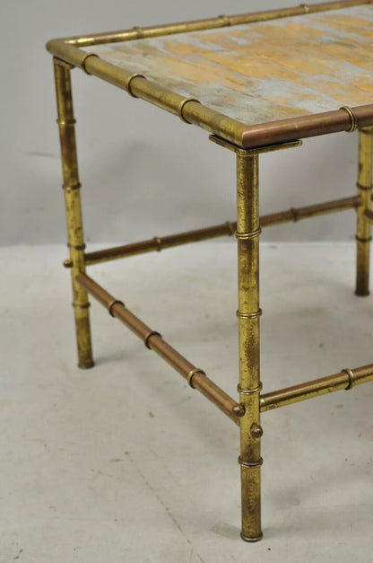 Italian Hollywood Regency Faux Bamboo Brass Tole Metal Low Square Side Table