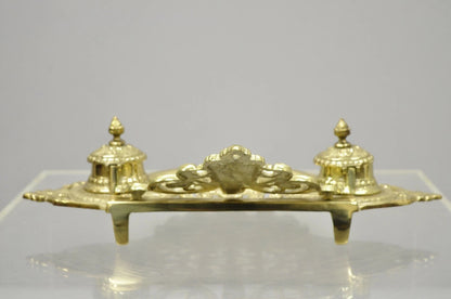 Vintage Renaissance Victorian Style Brass Lion Head Double Pen Desk Inkwell
