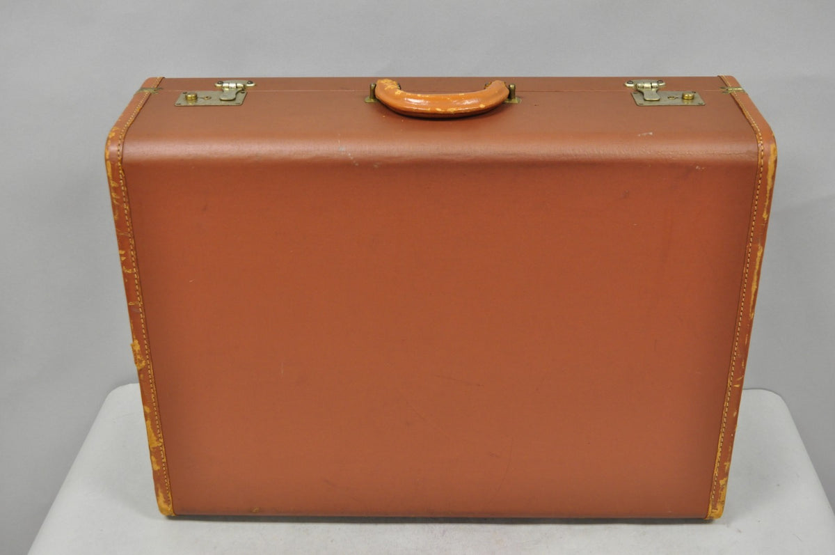 Vintage Art Deco Brown Hard Shell 24" Travel Suitcase Luggage w/ Fitted Interior