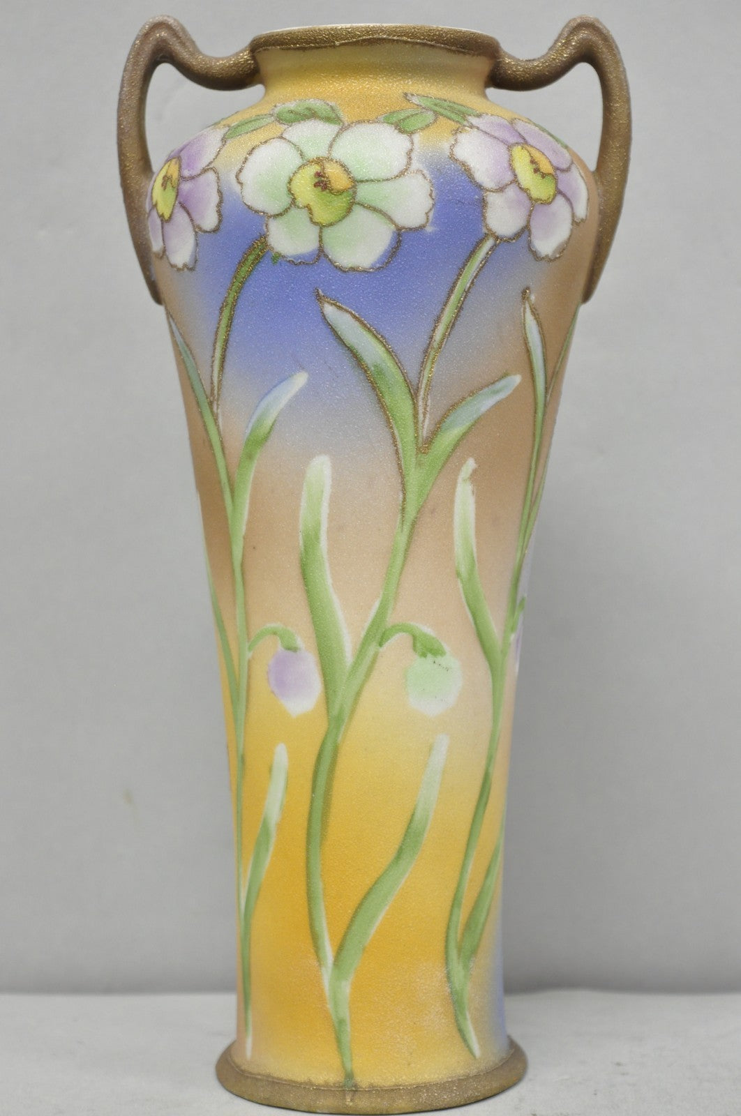 Nippon Coralene Decorated Royal Kinjo Japan Hand Painted Porcelain Handled Vase