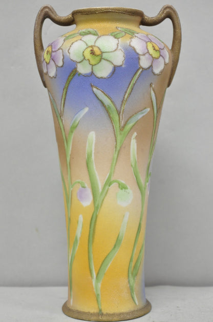 Nippon Coralene Decorated Royal Kinjo Japan Hand Painted Porcelain Handled Vase