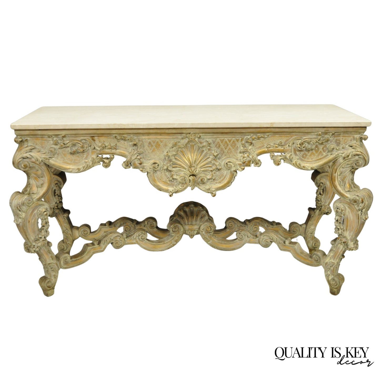 Antique French Louis XV Rococo Style Shell Carved 68" Marble Top Console Table