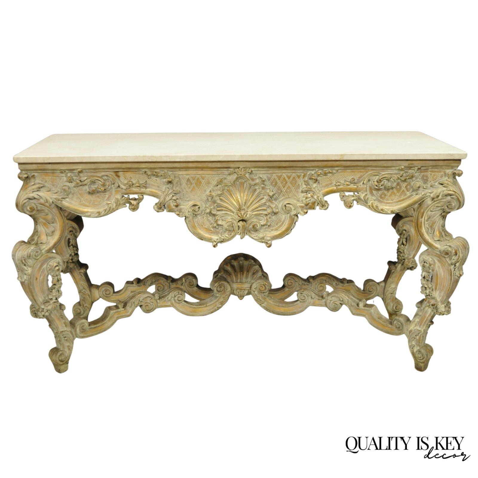 Antique French Louis XV Rococo Style Shell Carved 68" Marble Top Console Table