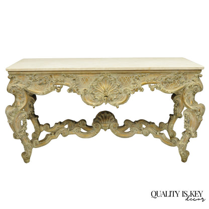Antique French Louis XV Rococo Style Shell Carved 68" Marble Top Console Table