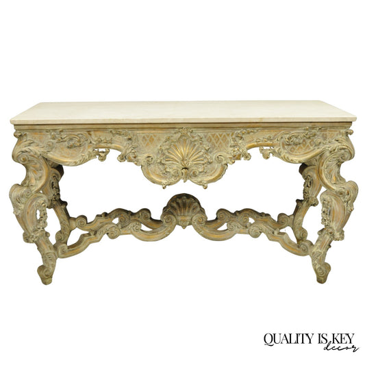 Antique French Louis XV Rococo Style Shell Carved 68" Marble Top Console Table
