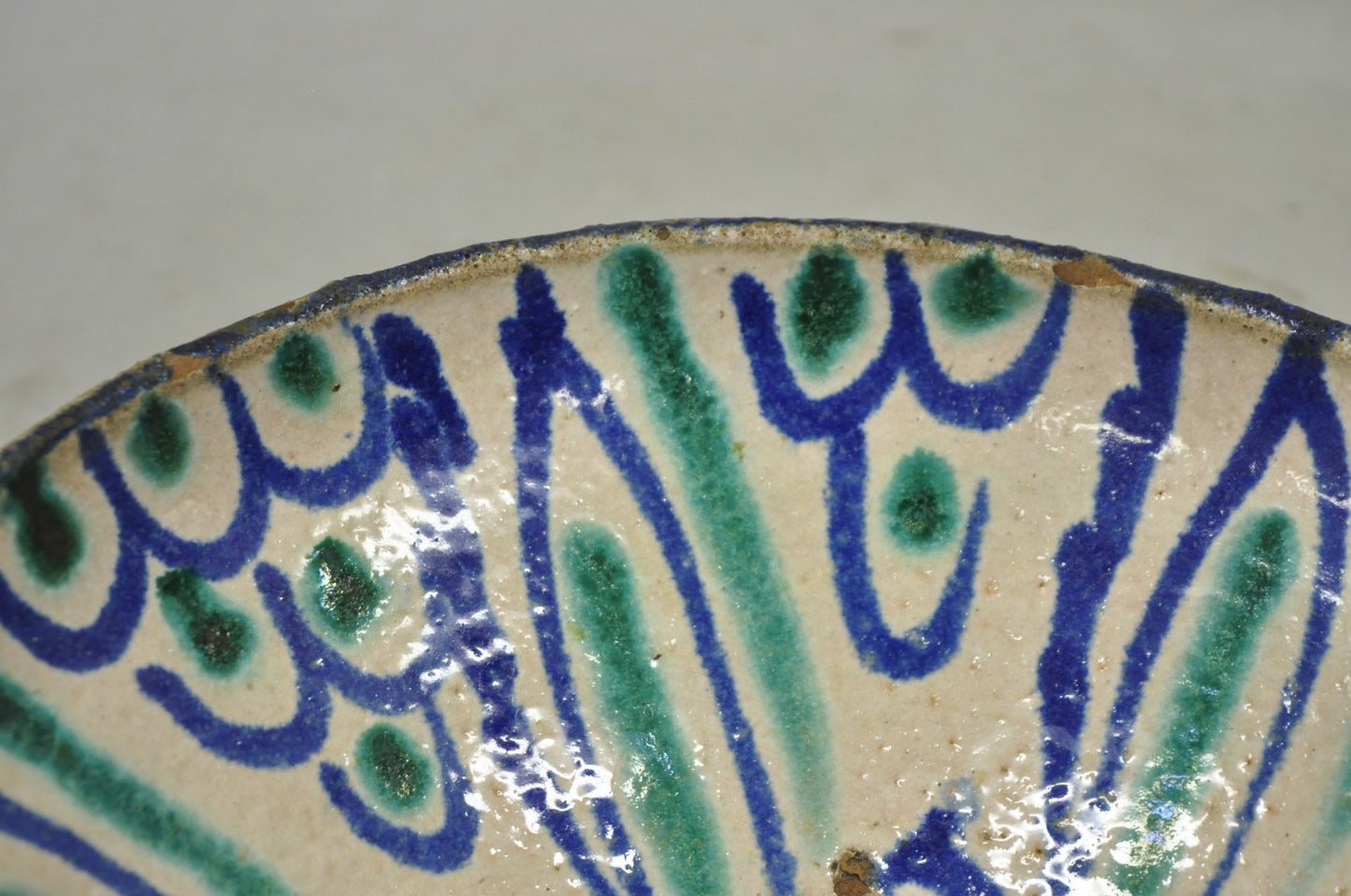 Antique Fajalauza Enamel Spanish Terracotta Pottery Blue Green Painted Bowl