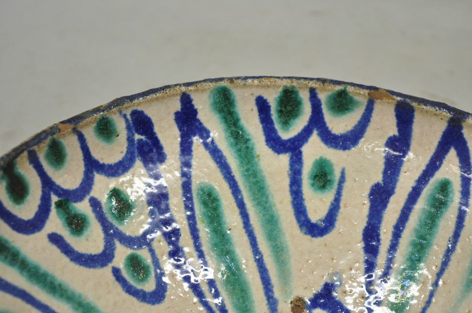 Antique Fajalauza Enamel Spanish Terracotta Pottery Blue Green Painted Bowl
