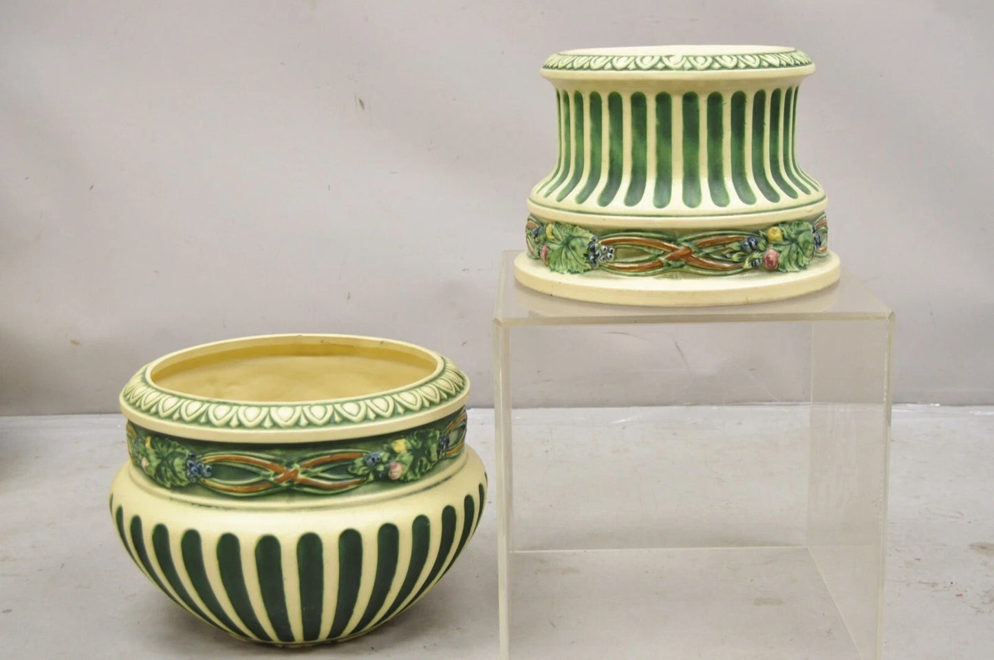 Antique Roseville Corinthian Pattern Jardiniere Planter Pot & Rare Low Pedestal