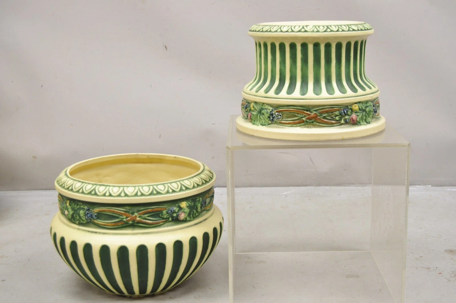 Antique Roseville Corinthian Pattern Jardiniere Planter Pot & Rare Low Pedestal