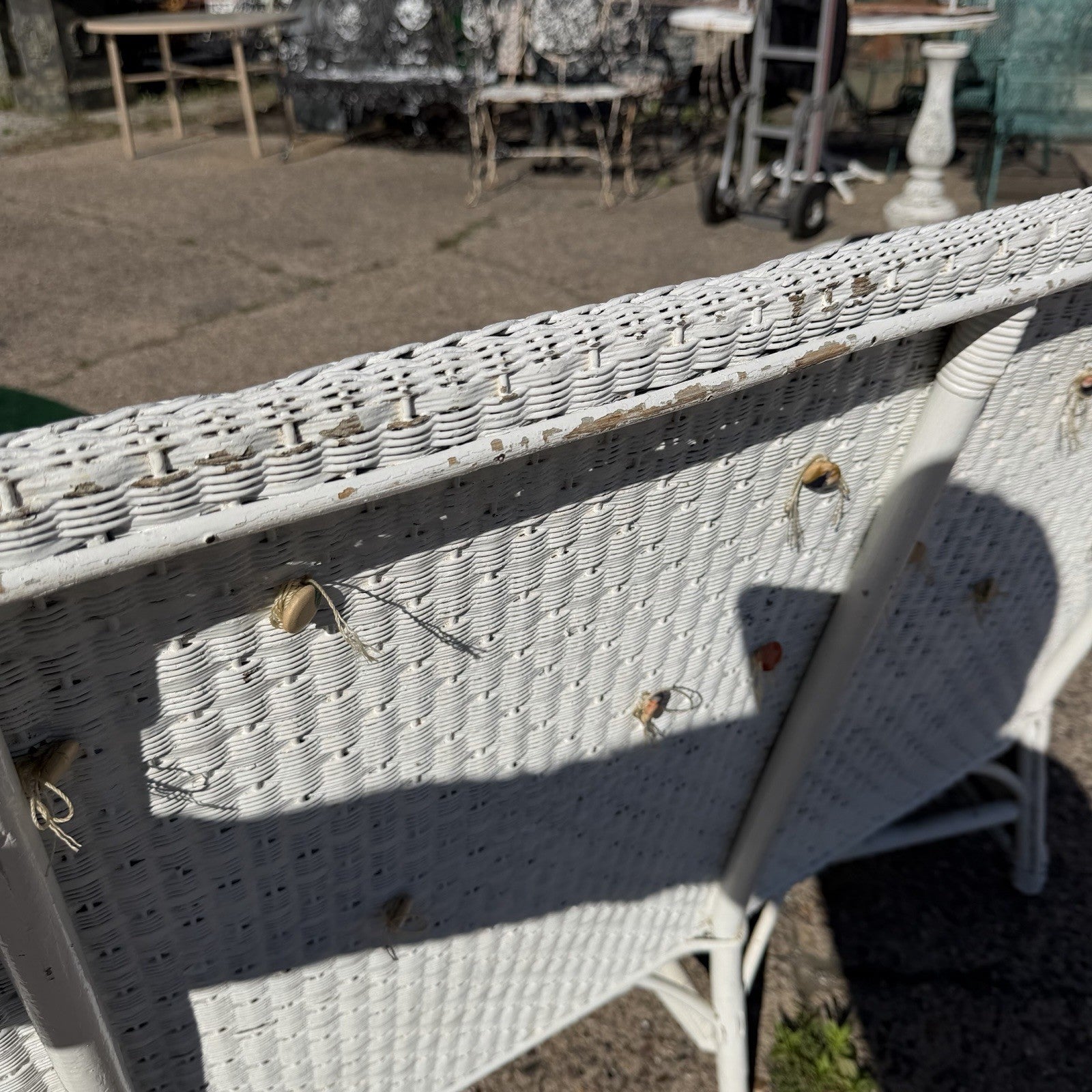 Antique Victorian White Wicker Rattan Sunroom Patio Sofa w/ Loose Cushions