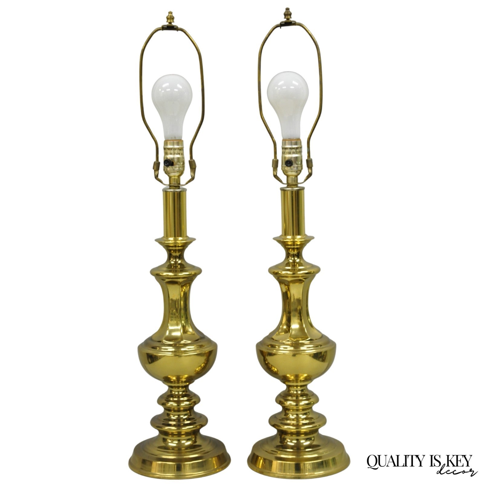 Vintage Hollywood Regency Brass Column Stiffel Style Gold Table Lamps - a Pair