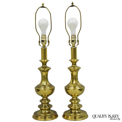 Vintage Hollywood Regency Brass Column Stiffel Style Gold Table Lamps - a Pair