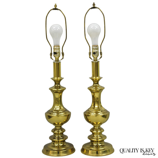 Vintage Hollywood Regency Brass Column Stiffel Style Gold Table Lamps - a Pair