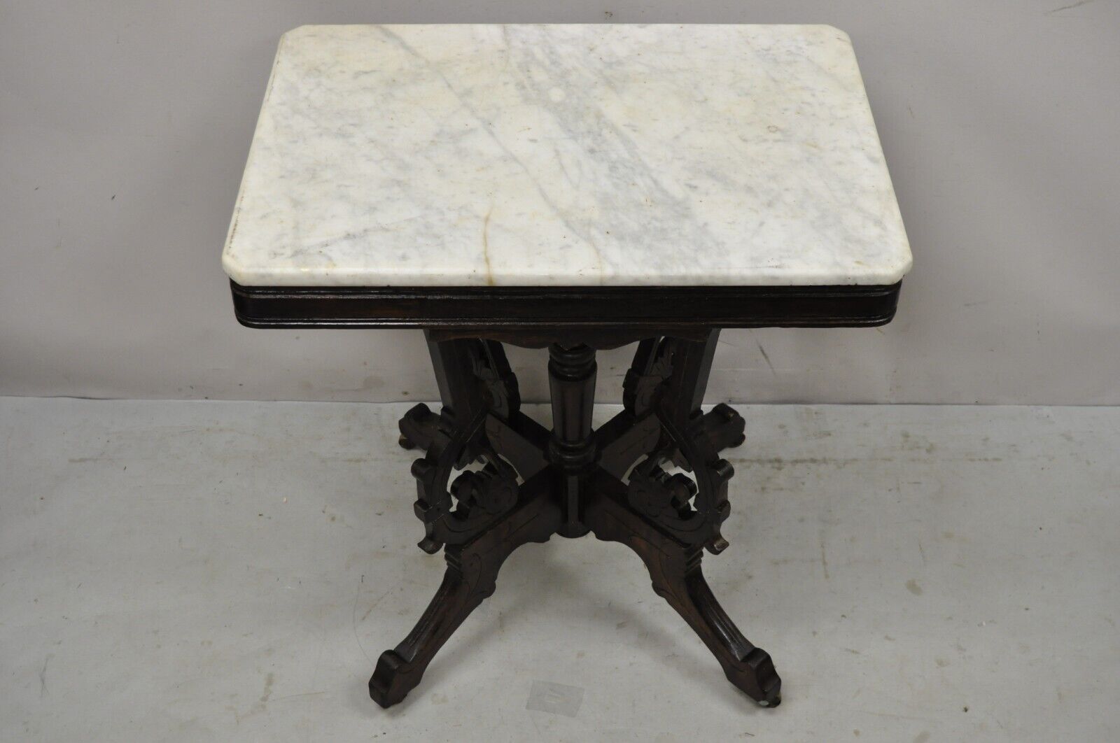 Antique Eastlake Victorian Marble Top Walnut Parlor Accent Side Table