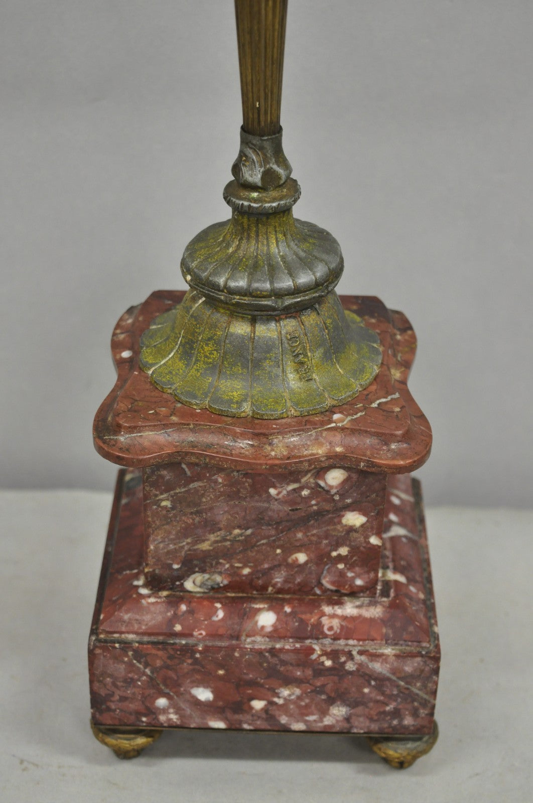 Antique French Neoclassical Bronze Torch & Trumpet Arm Marble Base Table Lamp