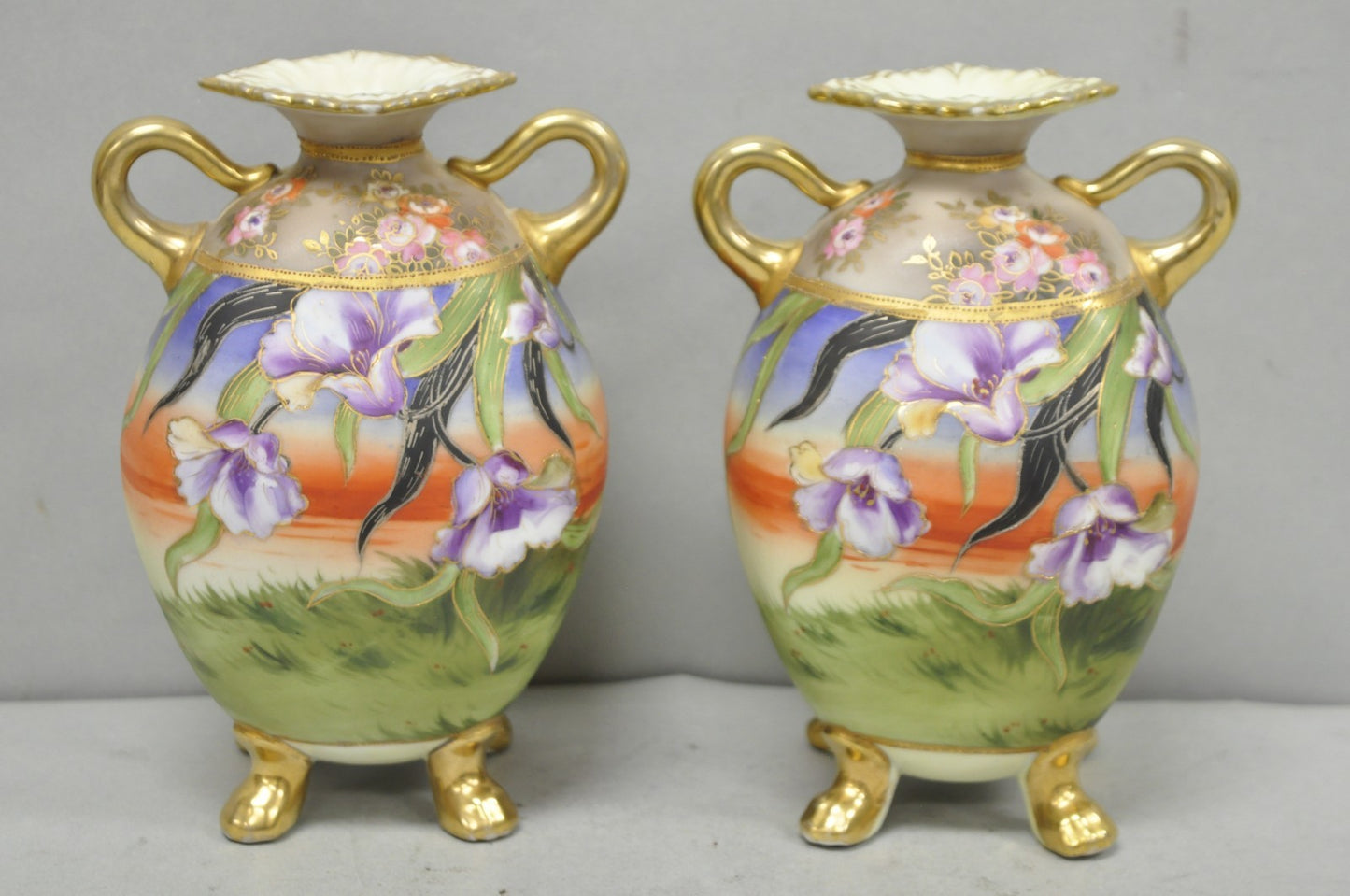 Antique Nippon Moriage Hand Painted Porcelain Purple Iris & Gold Gilt Vase Pair