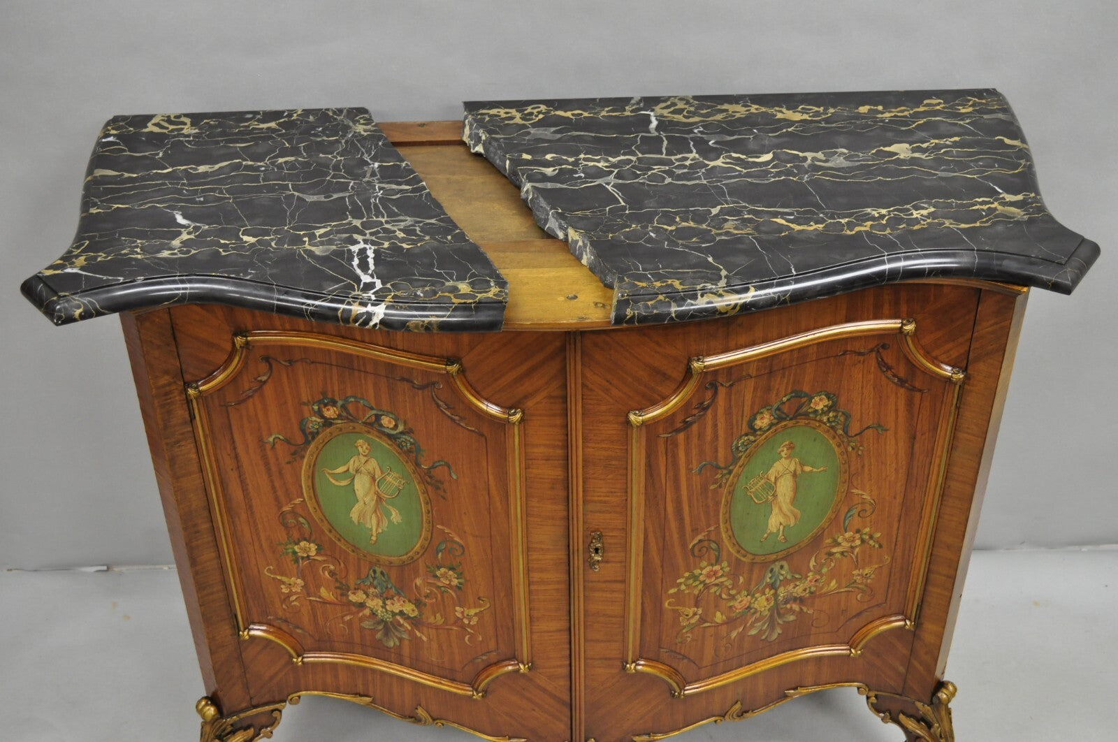 French Louis XV Adam Style Marble Top Kingwood Hand Painted Commode w/ Drawers