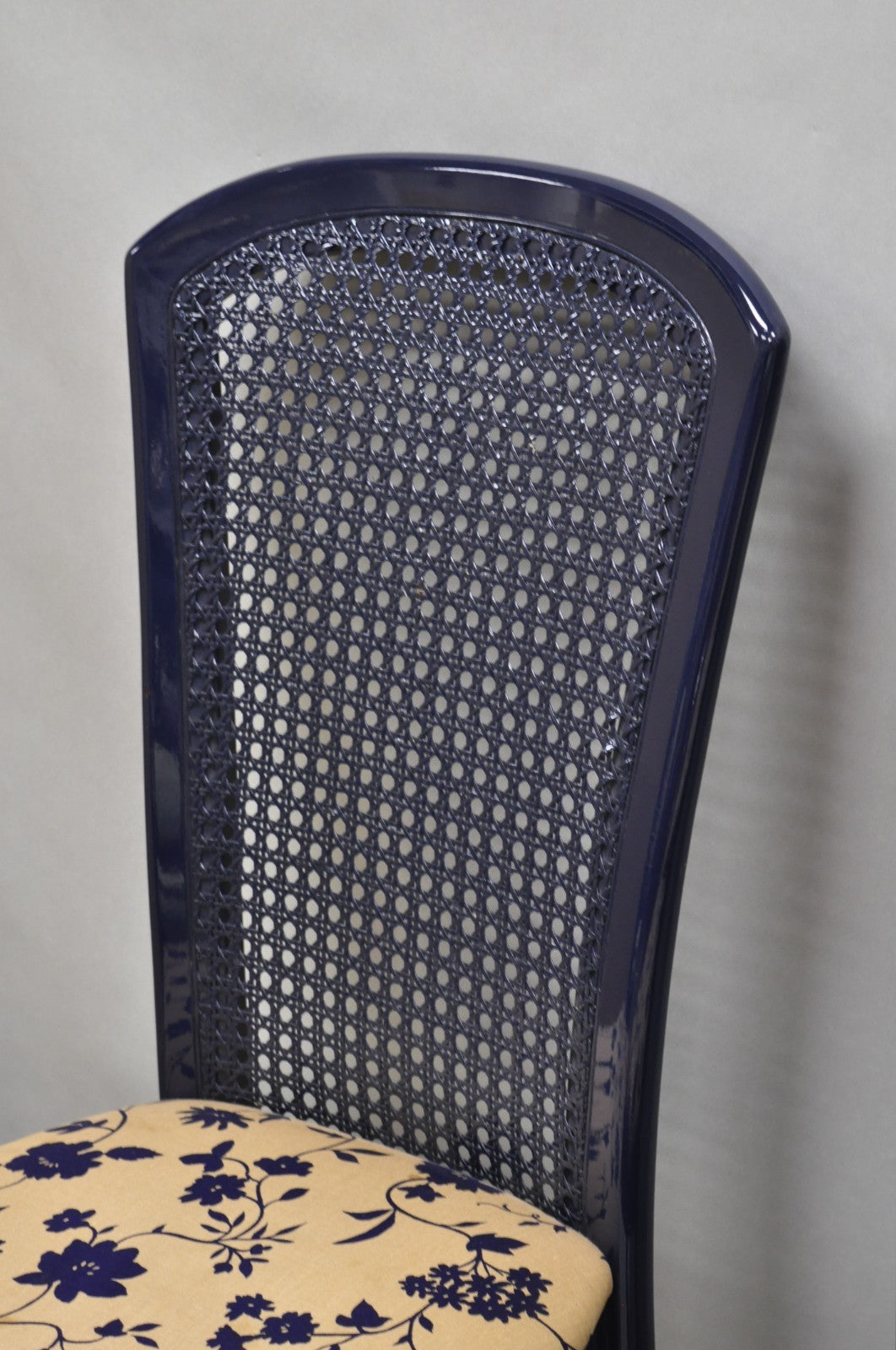 Vintage Italian Hollywood Regency Navy Blue Lacquer Cane Dining Chair - Set of 4
