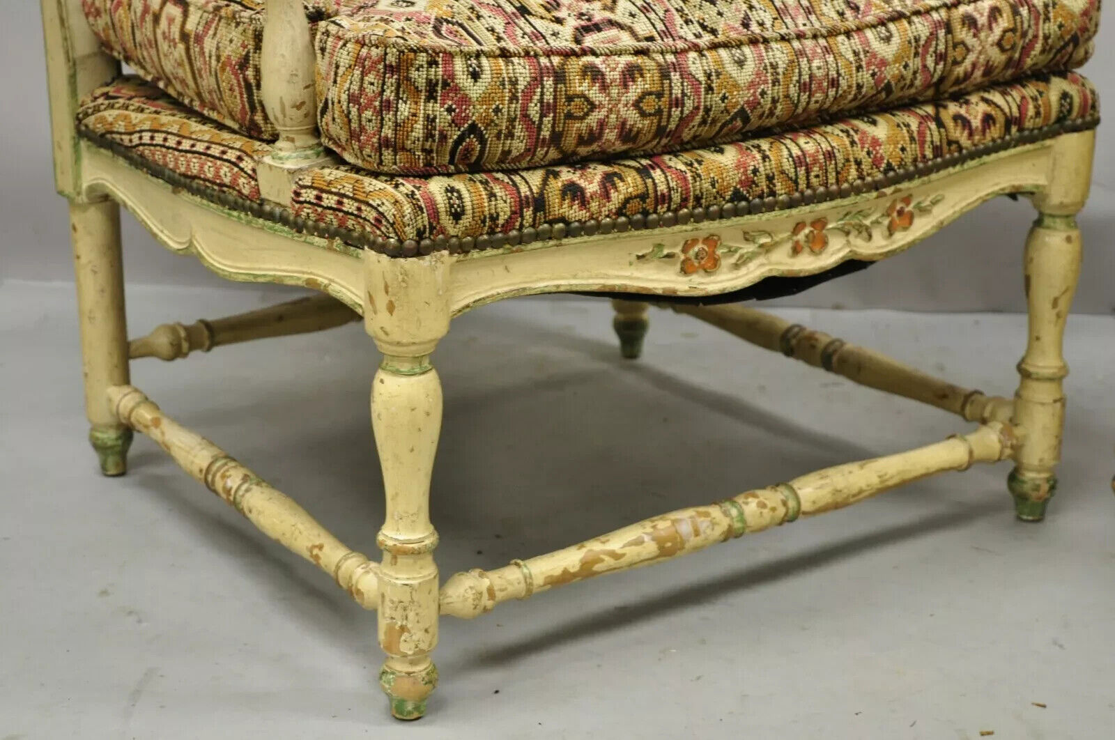 Vintage French Country Cream Distress Painted Lounge Arm Chairs & Ottoman a Pair