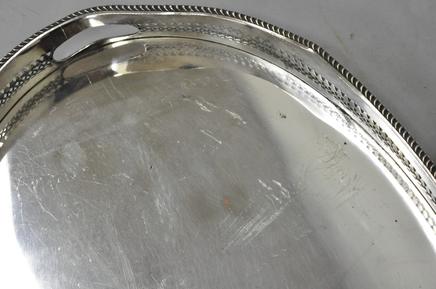Antique English Edwardian Silver Plated Oval Bar Serving Tray w/ Raised Gallery