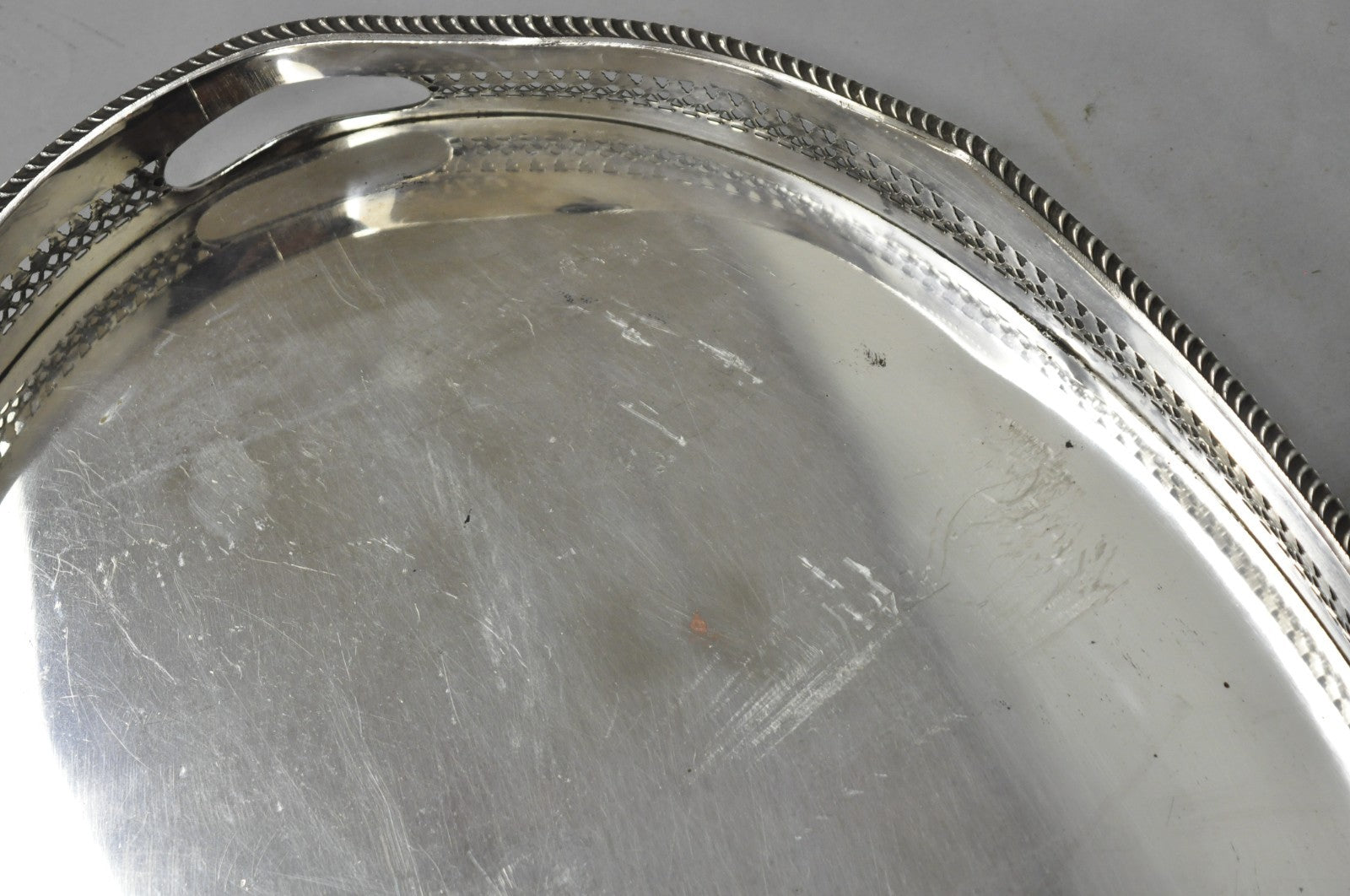 Antique English Edwardian Silver Plated Oval Bar Serving Tray w/ Raised Gallery