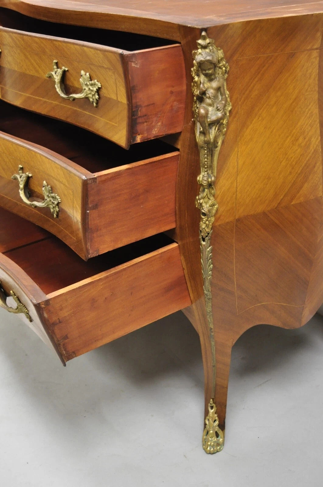 Vintage French Louis XV Style Bombe Commode Dresser Chest of Drawers w/ Cherubs