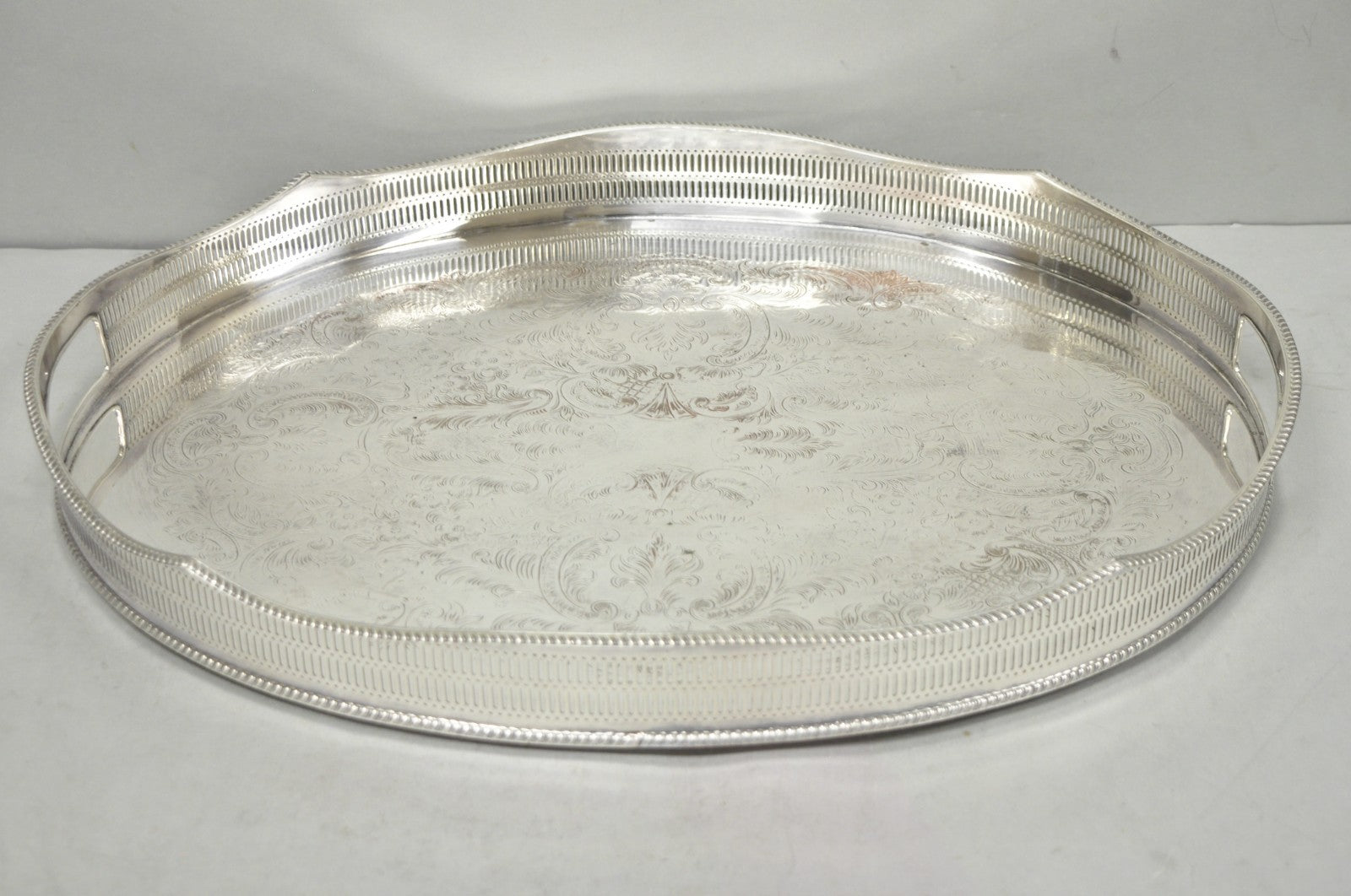 Vintage English Edwardian Silver Plated Oval Scalloped Gallery Bar Platter Tray