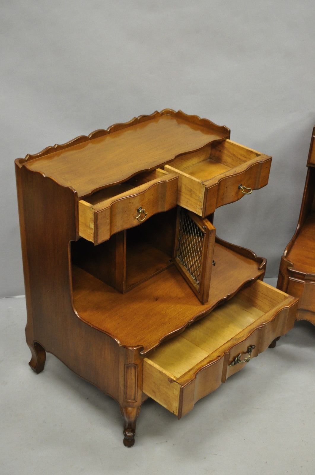 Vintage French Country Provincial Walnut Fruitwood Step Nightstands - a Pair