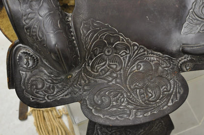 Vintage Brown Tooled Leather Floral Embossed 15" Seat Horse Riding Saddle