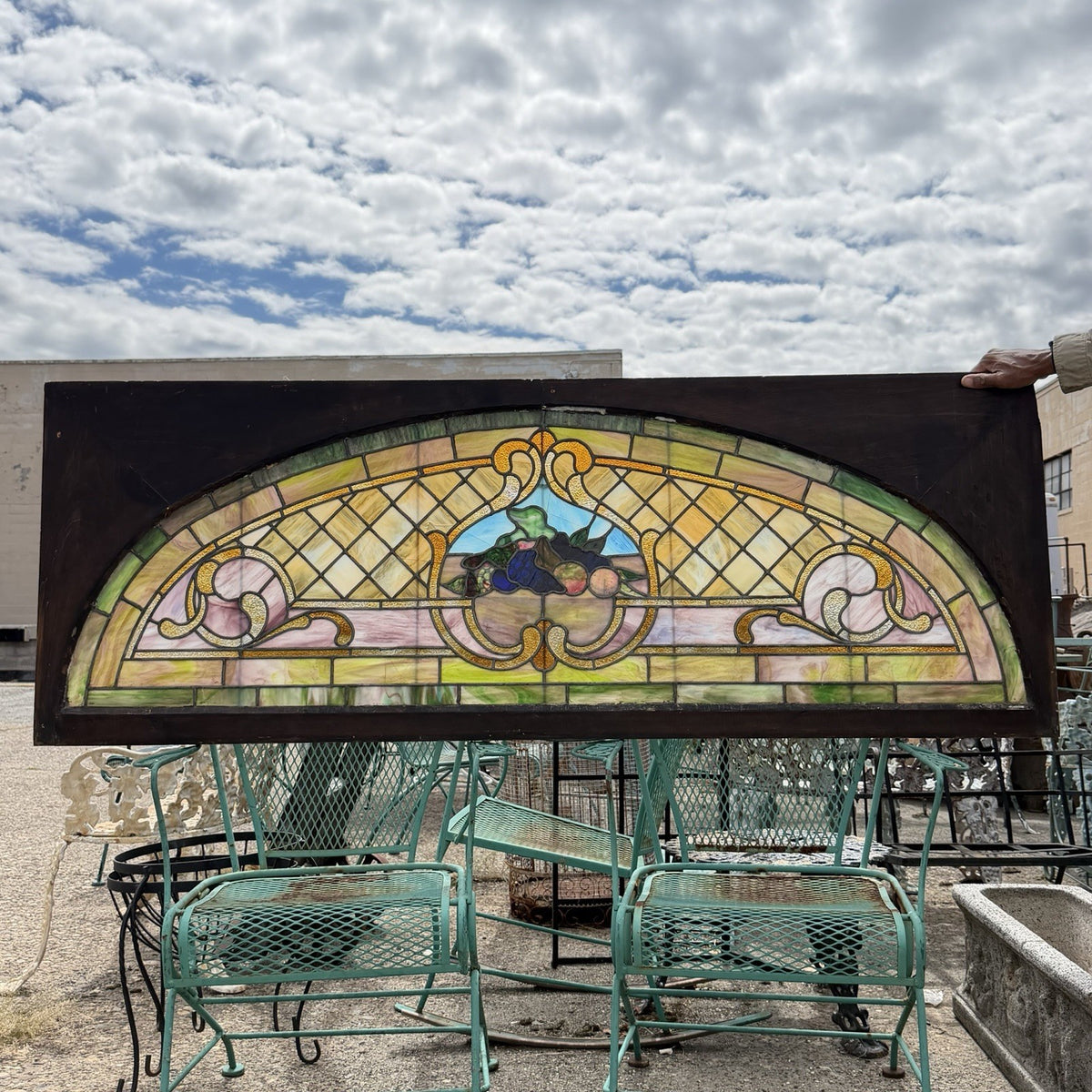 Antique Art Nouveau Colored Stained Glass Fruit 27 x 75 Arched Transom Window, B