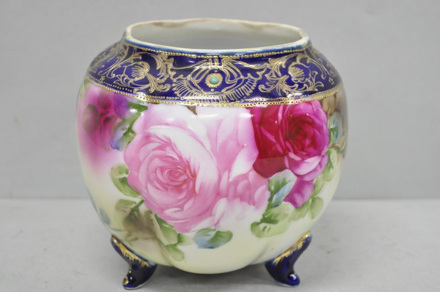 Antique Nippon Hand Painted Moriage Pink Rose Porcelain Biscuit Jar Vase
