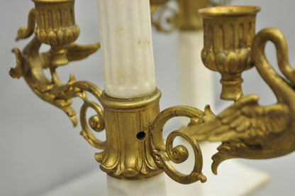 Antique French Neoclassical Bronze Swans Cherub Marble Column Candelabras - Pair