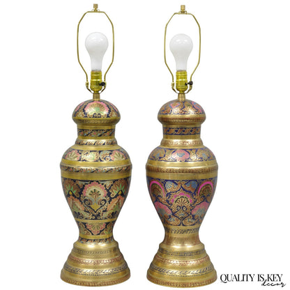 Vintage Brass & Cloisonné Enamel Pink & Blue Jardiniere Urn Table Lamps - Pair