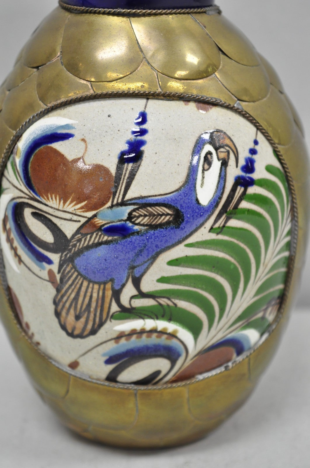 Mateos Mexico Tonala Pottery Mid Century Modern Brass Peacock Feather 7" Vase