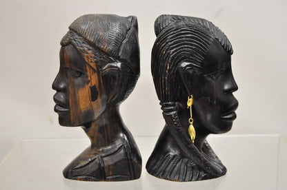 Vintage African Carved Ebony Wood 7" Male and Female Bust Statue Sculpture
