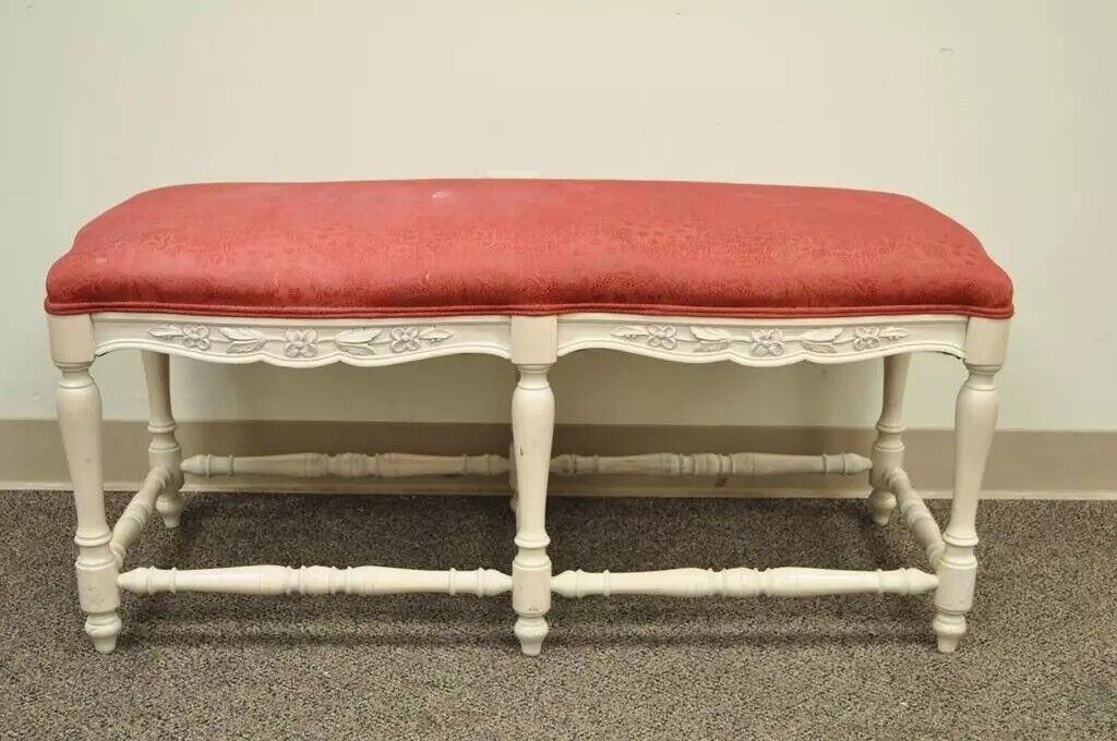 Vintage French Country Style White Carved Wood 6 Leg Upholstered Window Bench