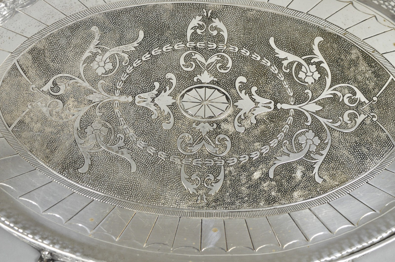 Vintage English Edwardian Style Oval Silver Plated Raised Gallery 21" Bar Tray