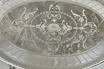 Vintage English Edwardian Style Oval Silver Plated Raised Gallery 21" Bar Tray