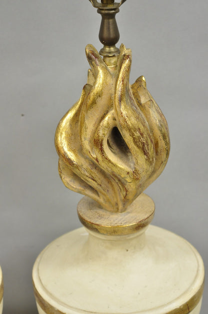 Vintage Italian Hollywood Regency Carved Wood "Burning Flame" Table Lamps - Pair