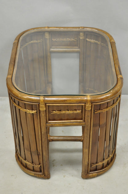 Vintage Hollywood Regency Bentwood Rattan Glass Top Beach House Side Table