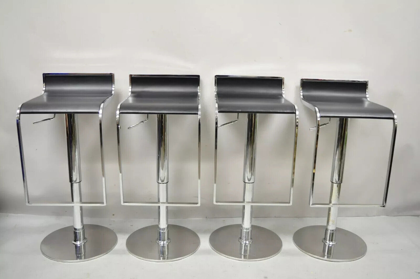 Modern Chrome and Steel Black Leather Adjustable Swivel Bar Stools - Set of 4