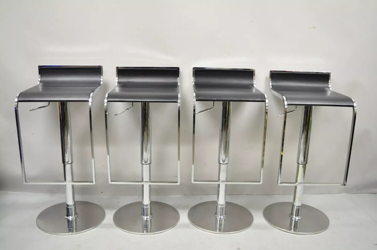 Modern Chrome and Steel Black Leather Adjustable Swivel Bar Stools - Set of 4