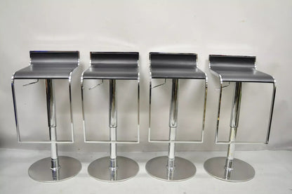 Modern Chrome and Steel Black Leather Adjustable Swivel Bar Stools - Set of 4