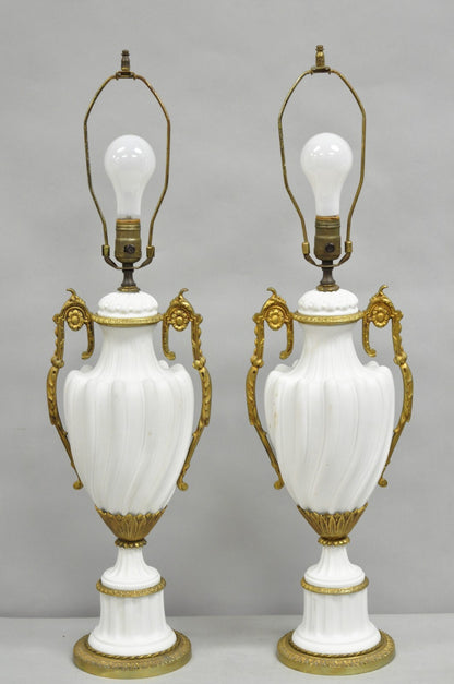 Antique French Louis XVI Style Gilt Bronze Porcelain Urn Table Lamps - a Pair