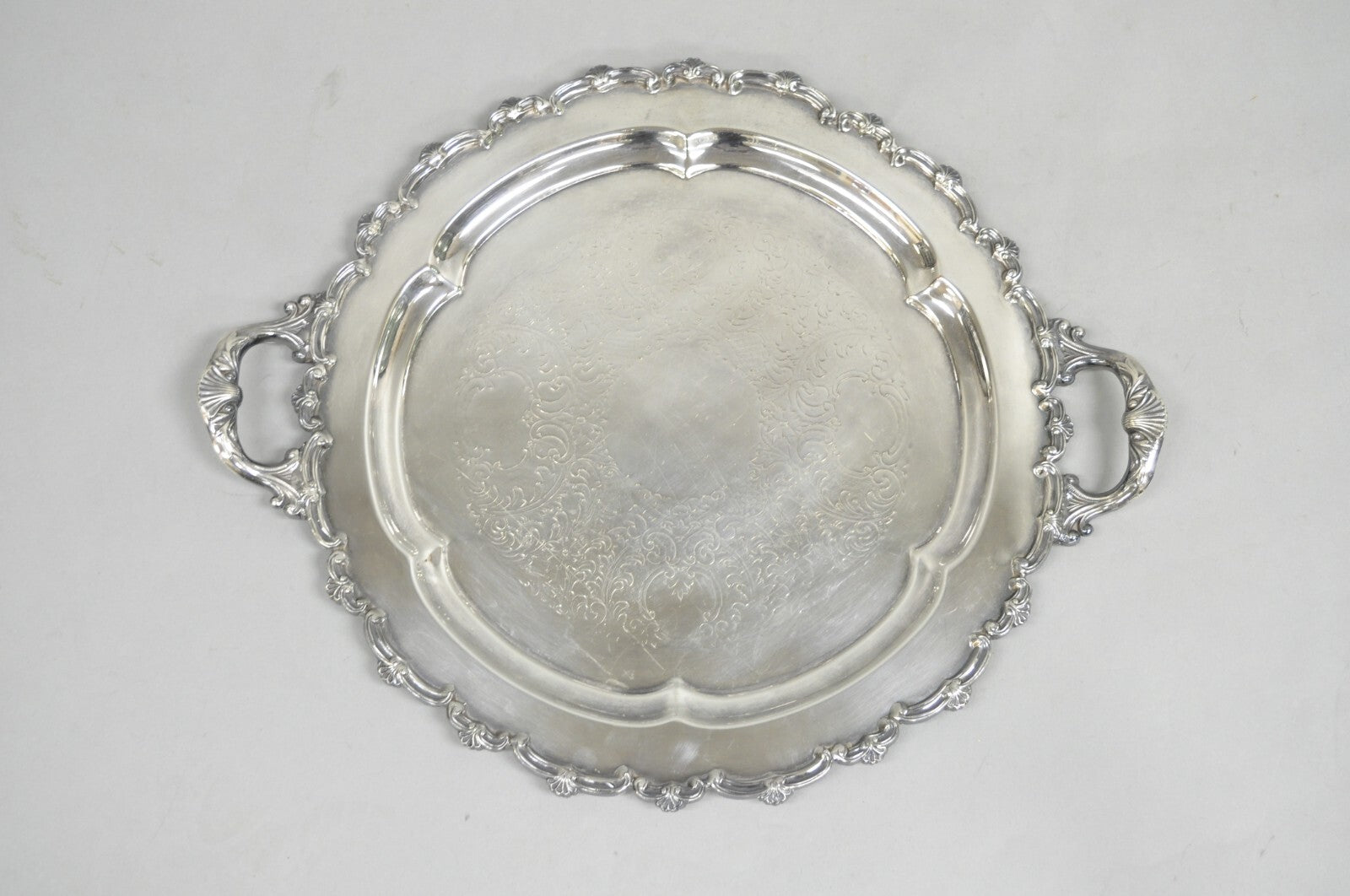 Vintage English Victorian Silver Plated Round Serving Platter Bar Tray w Handles
