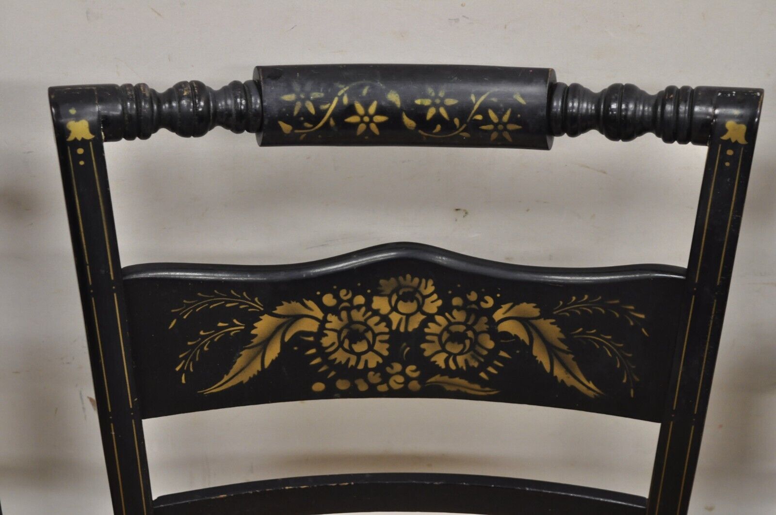 Antique Hitchcock Style Black Lacquer Stencil Rush Seat Dining Chairs - Set of 4