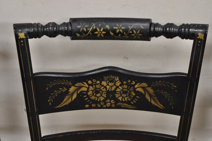 Antique Hitchcock Style Black Lacquer Stencil Rush Seat Dining Chairs - Set of 4