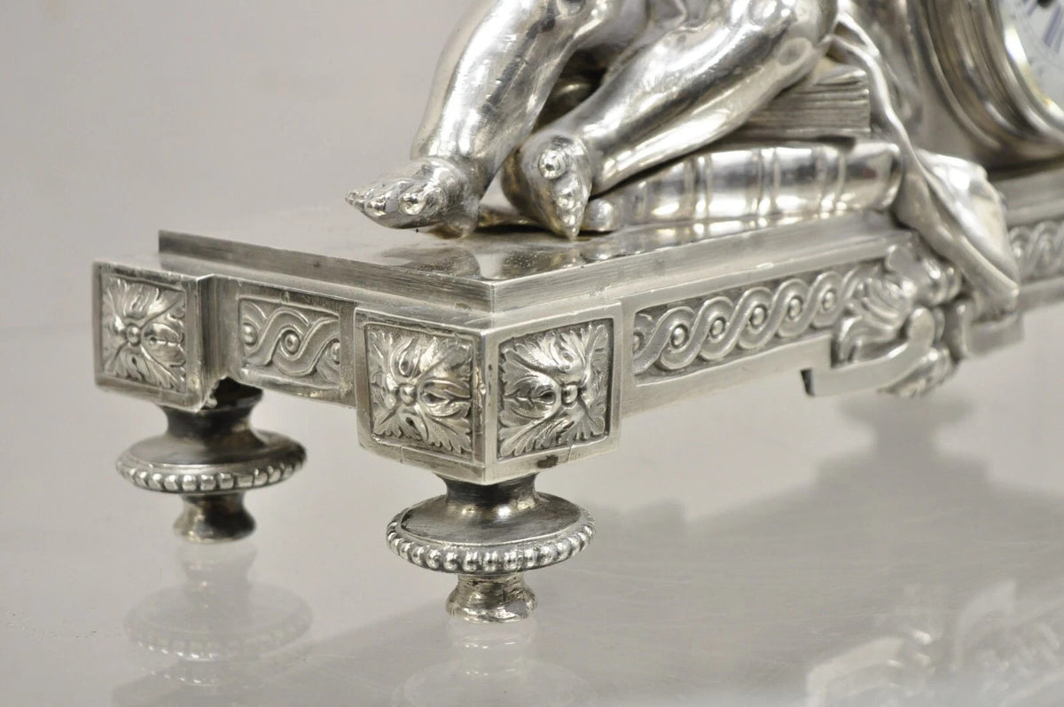French Louis XV M Franjus Raison & Boyer Silver Plated Bronze Putto Mantel Clock